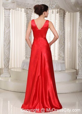 Red V-neck High-low Elastic Wove Satin Beading Prom Dress