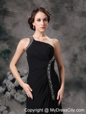 Empire Full-length One Shoulder Black Chiffon Beading Prom Dress