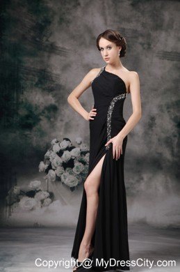 Empire Full-length One Shoulder Black Chiffon Beading Prom Dress