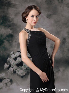 Empire Full-length One Shoulder Black Chiffon Beading Prom Dress