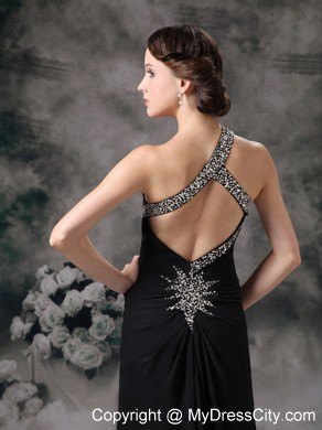 Empire Full-length One Shoulder Black Chiffon Beading Prom Dress