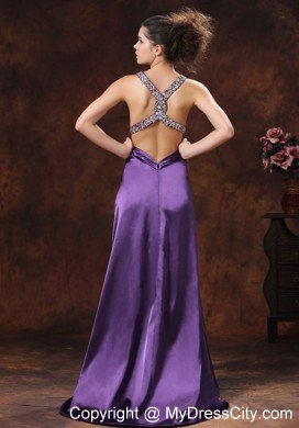 High Slit V-neck Beaded Decorate Shoulder Purple Prom Dress