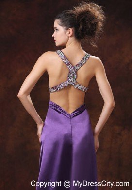 High Slit V-neck Beaded Decorate Shoulder Purple Prom Dress