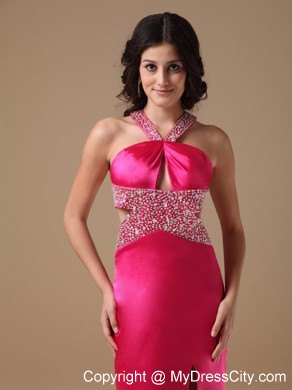 Coral Red Column V-neck Brush Train Taffeta Beaded Prom Dress