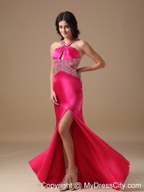 Coral Red Column V-neck Brush Train Taffeta Beaded Prom Dress