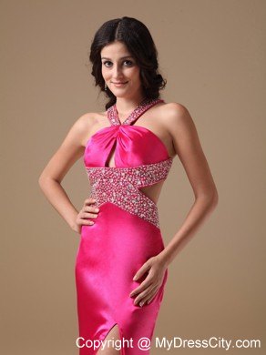 Coral Red Column V-neck Brush Train Taffeta Beaded Prom Dress