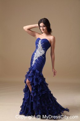 Blue Mermaid Sweetheart Chiffon Beaded Prom Dress with Ruffles