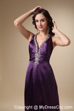 Eggplant Purple V-neck Brush Train Taffeta Beaded Prom Dress