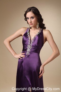 Eggplant Purple V-neck Brush Train Taffeta Beaded Prom Dress