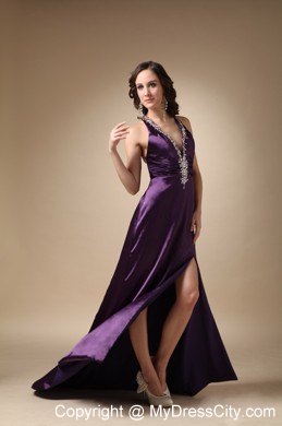 Eggplant Purple V-neck Brush Train Taffeta Beaded Prom Dress