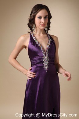 Eggplant Purple V-neck Brush Train Taffeta Beaded Prom Dress