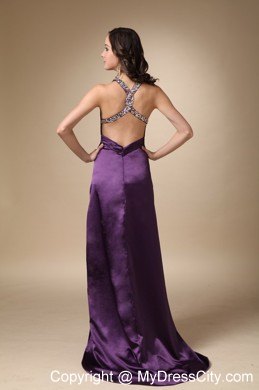 Eggplant Purple V-neck Brush Train Taffeta Beaded Prom Dress