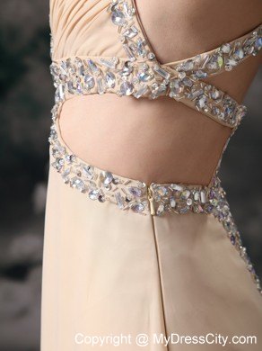 Customized Champagne Column Criss Cross Beaded Prom Dress