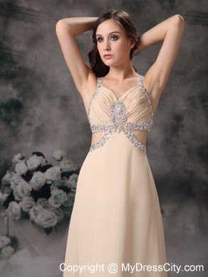 Customized Champagne Column Criss Cross Beaded Prom Dress