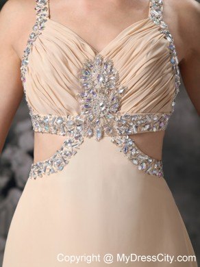 Customized Champagne Column Criss Cross Beaded Prom Dress