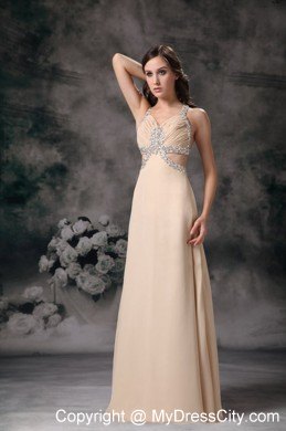 Customized Champagne Column Criss Cross Beaded Prom Dress