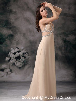 Customized Champagne Column Criss Cross Beaded Prom Dress