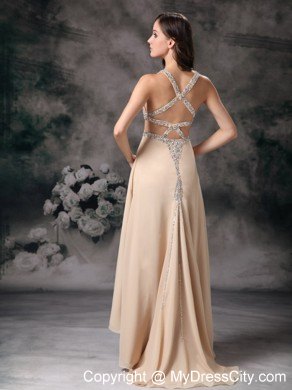 Customized Champagne Column Criss Cross Beaded Prom Dress