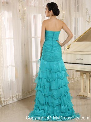 Aqua Blue High Slit Ruched Prom Dresses for Formal Parties