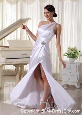 Slinky White High Slit Prom Dress with Ruching and Beading