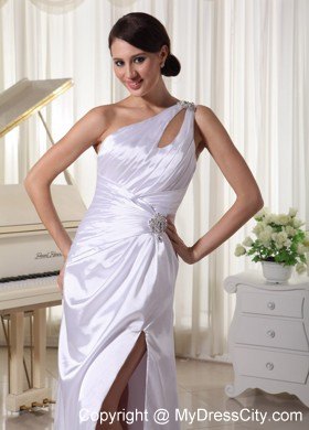 Slinky White High Slit Prom Dress with Ruching and Beading