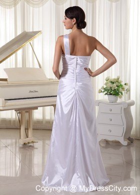 Slinky White High Slit Prom Dress with Ruching and Beading