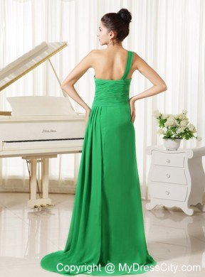 One Shoulder Spring Green Prom Dress in Ruched Beading Bodice