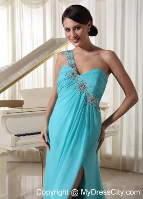 Beaded One Shoulder Baby Blue Dress for Prom with High Slit