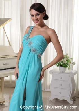 Beaded One Shoulder Baby Blue Dress for Prom with High Slit