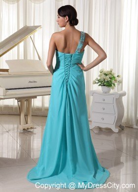 Beaded One Shoulder Baby Blue Dress for Prom with High Slit