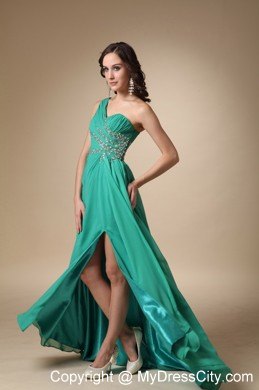 Turquoise Empire One Shoulder Brush Train High Slit Prom Dress