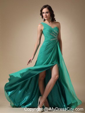 Turquoise Empire One Shoulder Brush Train High Slit Prom Dress