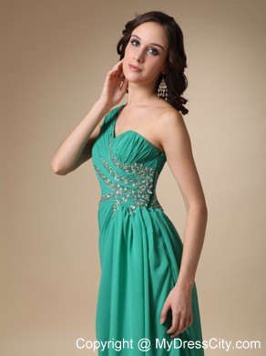 Turquoise Empire One Shoulder Brush Train High Slit Prom Dress