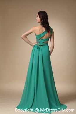 Turquoise Empire One Shoulder Brush Train High Slit Prom Dress