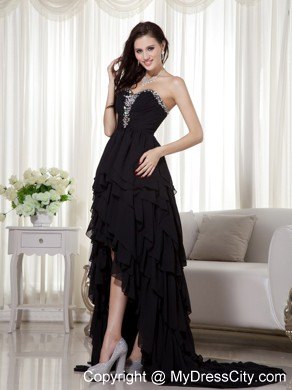 Black High-low Chiffon Beaded Prom Dress with Ruffled Layers