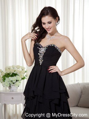 Black High-low Chiffon Beaded Prom Dress with Ruffled Layers