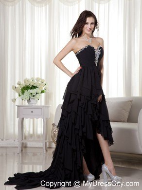 Black High-low Chiffon Beaded Prom Dress with Ruffled Layers