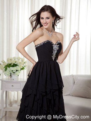 Black High-low Chiffon Beaded Prom Dress with Ruffled Layers