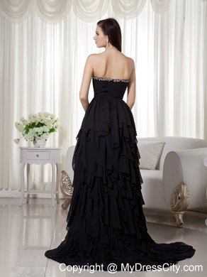 Black High-low Chiffon Beaded Prom Dress with Ruffled Layers