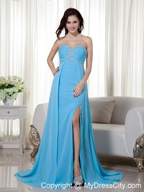 Baby Blue Empire Sweetheart Brush Train Chiffon Prom Gown