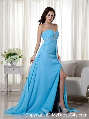 Baby Blue Empire Sweetheart Brush Train Chiffon Prom Gown