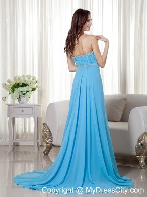 Baby Blue Empire Sweetheart Brush Train Chiffon Prom Gown