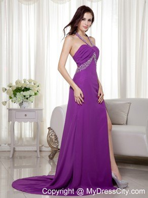 Sexy Purple Column Chiffon Halter Brush Train Prom Dress