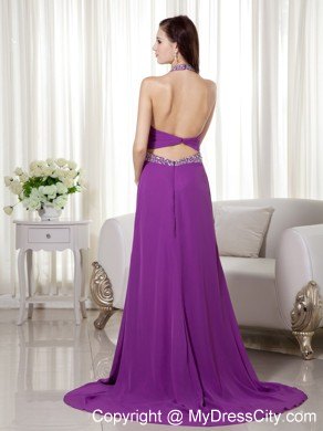 Sexy Purple Column Chiffon Halter Brush Train Prom Dress