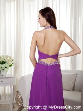 Sexy Purple Column Chiffon Halter Brush Train Prom Dress