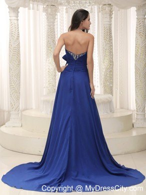 Customized Beaded Decorated Bust Bowknot Peacock Blue Prom Dress