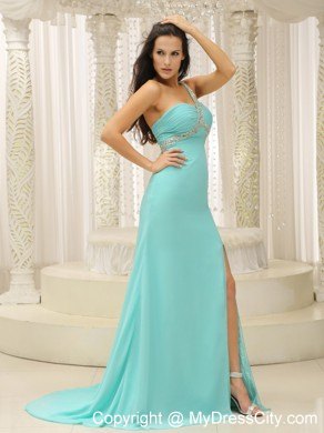 Beaded Decorate One Shoulder High Slit Prom Dress in Baby Blue