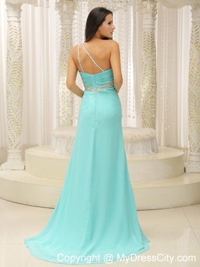 Beaded Decorate One Shoulder High Slit Prom Dress in Baby Blue