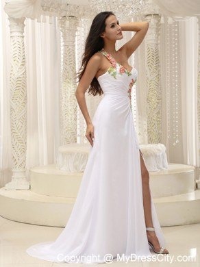 Appliques Decorated Ruched Bodice High Slit White Prom Dress