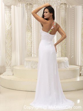 Appliques Decorated Ruched Bodice High Slit White Prom Dress